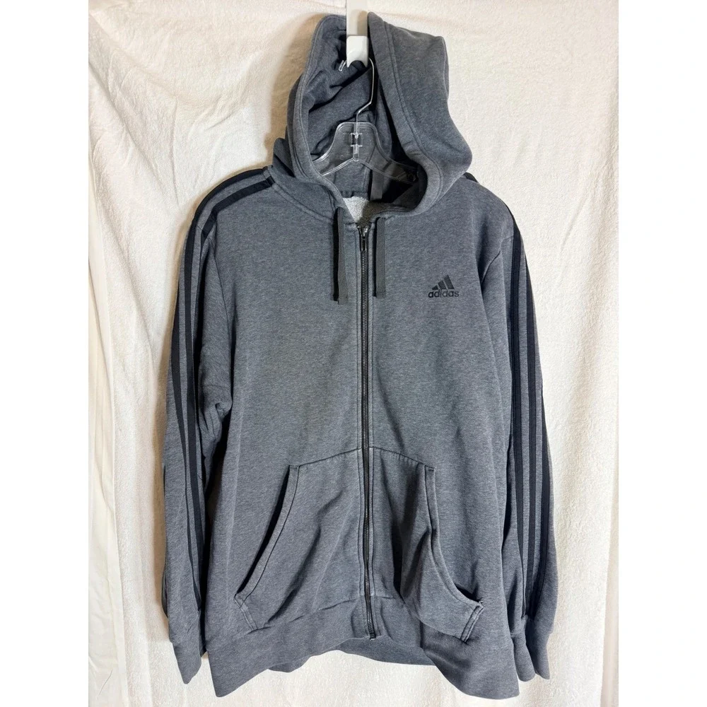 Adidas Mens Full Zip Hoodie Gray Black 3 Stripe Fleece Sweatshirt Size L